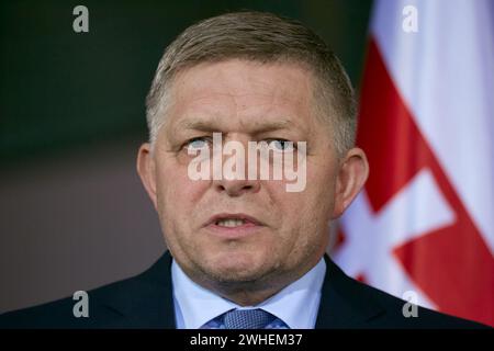 '24.01.2024, Germany, Berlin, Berlin - The Prime Minister of the Slovak Republic, Robert Fico, at a press conference in the Chancellery. 00R240124D205 Stock Photo