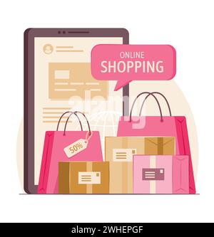 Shopping Bags and Merchandise Boxes with Smartphone for Online Shopping and E-Commerce Concept Illustration Stock Vector