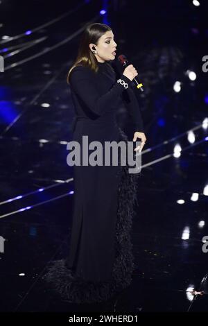 Sanremo, Italia. 10th Feb, 2024. Emma performer during the 74th edition of the SANREMO Italian Song Festival at the Ariston Theatre in Sanremo, northern Italy - Friday, FEBRUARY 9, 2024. Entertainment. (Photo by Marco Alpozzi/LaPresse) Credit: LaPresse/Alamy Live News Stock Photo