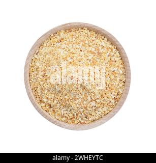 Dehydrated garlic granules in wooden bowl isolated on white, top view Stock Photo