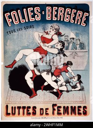 Vintage Poster:  Folies-Bergère, Women Wrestling, every night Lithograph colour. design: .Charles Lévy. Stock Photo