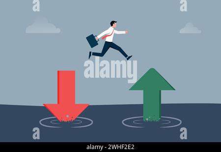 Businessman jump from red pointing down arrow to green rising up. Saving and investment or stock market rebound and economic recover concept Stock Vector