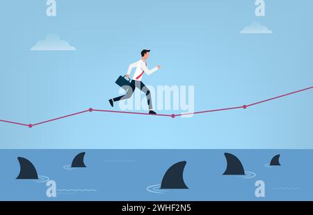 Business risk concept. Businessman running on graph over water with floating sharks symbol. Stock Vector