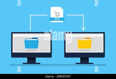 File transfer computer between two monitor concept. Stock Vector