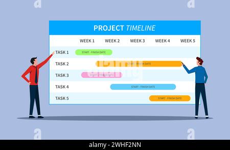 Businessmen checking and evaluating project timeline concept vector illustration. Stock Vector