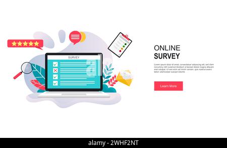 Online survey concept on laptop vector illustration. Customer feedback and questionnaire. Stock Vector