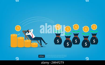 Businessman relaxes waiting for the money to enter his dollar coins. Passive income and salary concept vector illustration Stock Vector