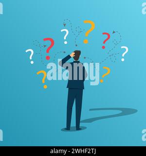 Unsure businessman thinking and doubting with question mark concept Stock Vector