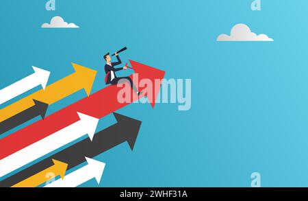 Businessman sit on red arrow hold binocular forward fly to go success concept Stock Vector