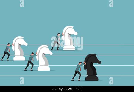 Businessmen pushing knight chess pieces to be a winner vector illustration. Competition strategy in business concept. Stock Vector