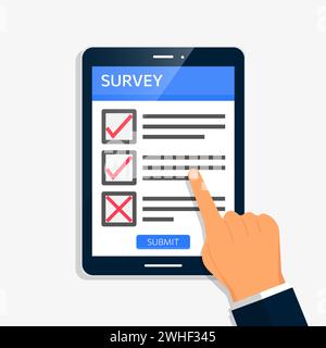 Survey form online vector illustration. Fill questionnaire, assessment, review on tablet screen concept. Stock Vector