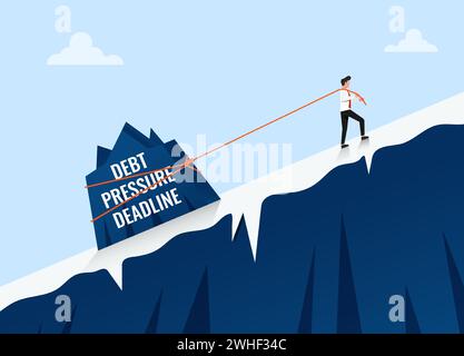 Businessman pulling a big stone uphill vector illustration. Business problem hardship and burden concept. Stock Vector