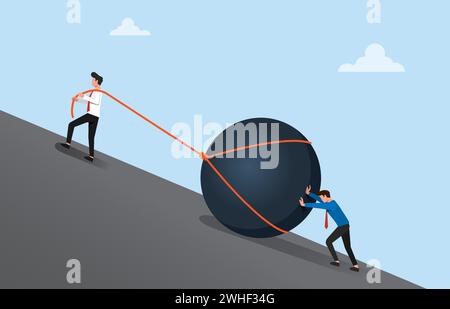 Two businessmen pushing a big stone uphill vector illustration. Teamwork business concept to achieve goal and success. Stock Vector