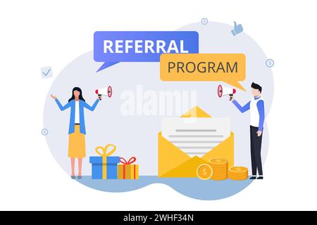 Concept of referral marketing strategy. refer a friend royalty program with promotion method illustration. Stock Vector