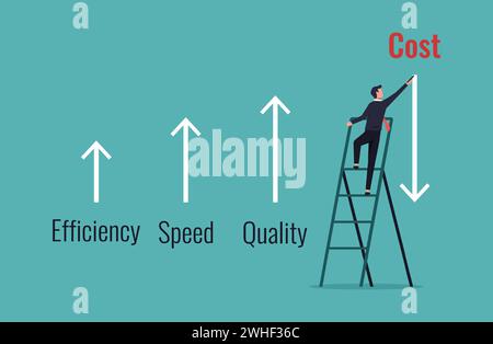 Businessman drawing arrow lines decrease cost compare with increase efficiency, speed, and quality concept vector illustration. Stock Vector