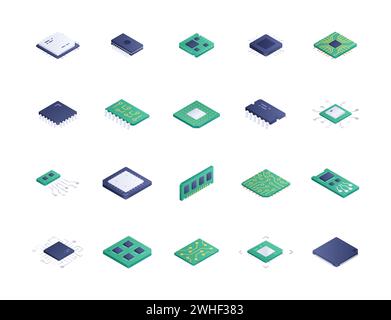 Microchips isometric icons vector set Stock Vector