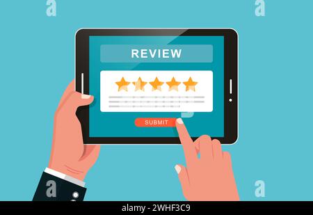 Hand holding tablet and giving review or feedback on app concept illustration. Stock Vector