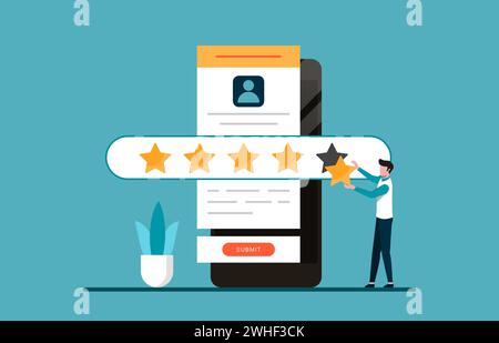 Customer experience and satisfaction concept. A man giving five stars for feedback illustration. Stock Vector