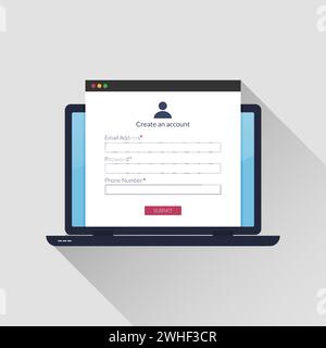 Online registration form concept on laptop screen. Login page interface on website browser vector illustration. Stock Vector
