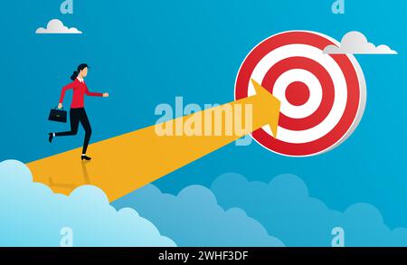 Business woman running on arrow to the target. Focus on goal and be successful concept Stock Vector
