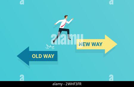 Businessman jump symbol with arrows pointing in the direction of the past and the future. A concept for adapting to change, improvement and developmen Stock Vector
