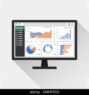 Web analytic information on Computer screen icon. trend graphs report concept. statistic charts for planning and accounting, analysis, audit, manageme Stock Vector
