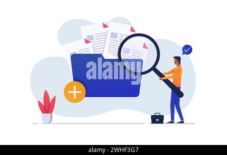 Male worker add files to big folder. Storage and indexing of information. Businessman holds magnifying glass. User and data archive. Database, searchi Stock Vector