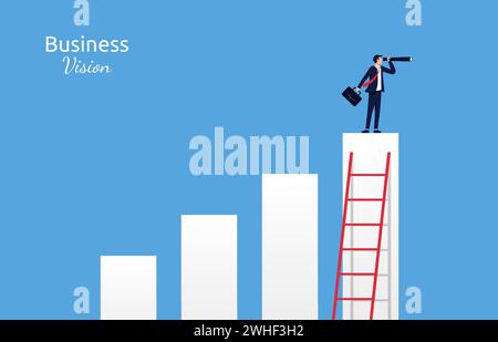 Businessman standing on business chart and holding telescope. Business vision concept. Stock Vector