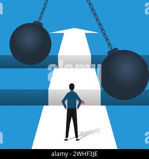 Business challenge concept with businessman standing in front of gaps symbol. Success symbol and overcoming obstacles vector illustration. Stock Vector
