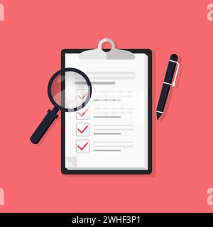 Flat illustration of clipboard with checklist icon. Checklist, complete tasks, to-do list, survey, exam concepts. Stock Vector