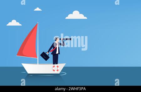 Businessman standing with telescope on the sailboat. Business vision vector illustration Stock Vector