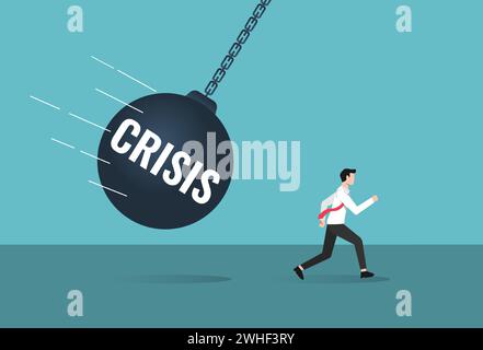 Businessman running away from black giant wrecking ball. Run away and avoiding crisis vector illustration. Stock Vector