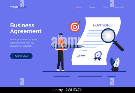 Landing page template of business agreement contract concept. A man signing contract illustration. Stock Vector