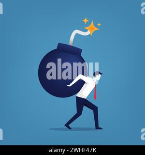 Businessman carry a giant bomb. Big problem. Solve all trouble. Crisis management. Problem solving. Stock Vector