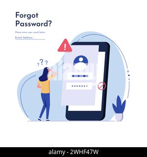 Woman forgot the password. Concept of forgotten password, key, account access, blocked access Stock Vector