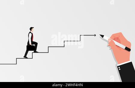 Businessman with briefcase walking up stairs drawn by big hand. Business symbol vector illustration Stock Vector