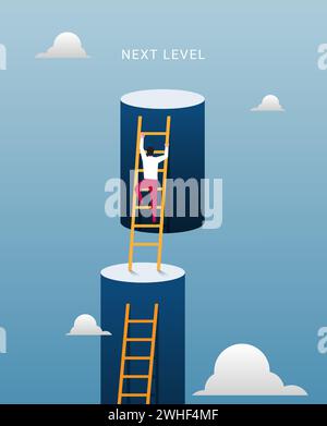 Next level to success concept. Businessman climbing double giant walls toward sky with ladders illustration. Stock Vector