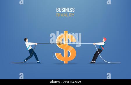 Businessmen pull the rope with money icon. Business rivalry vector illustration Stock Vector