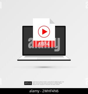 Movie files icon on laptop screen concept. Format extension of MP4 symbol vector illustration Stock Vector