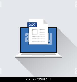 File DOC icon on laptop screen illustration. Format extension of document symbol Stock Vector