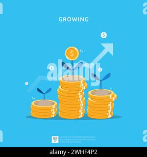 Business growth illustration for smart investment concept. Profit performance or income with pile coins symbol of return on investment ROI Stock Vector