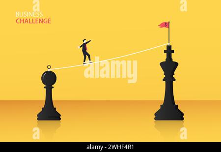 Businessman walking on the rope walk way from chessman to king chess concept. Business challenge and strategy symbol Stock Vector