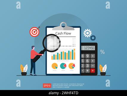 Cash flow statement concept with calculator and graph document symbol illustration. Stock Vector