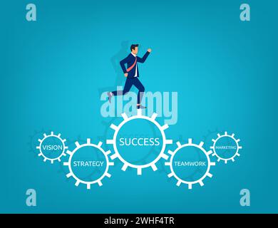 Businessman running on gear with the text success concept. Business performance management symbol vector illustration Stock Vector