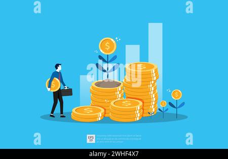 Business growth illustration for smart investment concept. Profit performance or income with pile coins and plant of money symbol Stock Vector