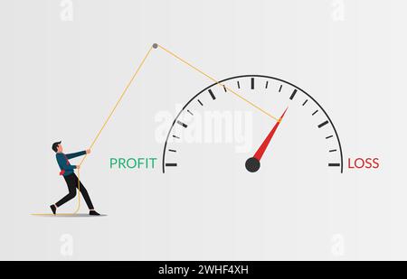 Prevent business loss strategy vector illustration. Businessman pulling pointer meter "loss" to "profit" concept. Stock Vector