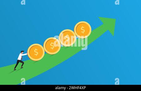 Increasing profit or sales business concept. Businessman rolling coins over arrow line symbol illustration Stock Vector