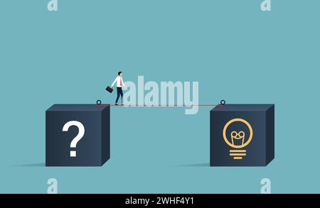 Businessman walking on tightrope from box with question mark to box with bulb mark symbol. Finding solution for success illustration. Stock Vector