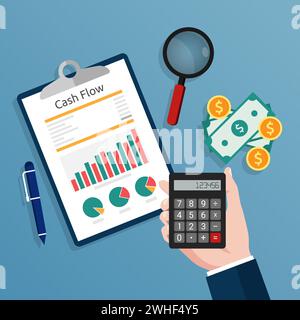 Accountant holding a calculator checks cash flow report concept illustration. Stock Vector