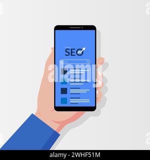 Hand holding smartphone with search engine bar concept illustration. Stock Vector